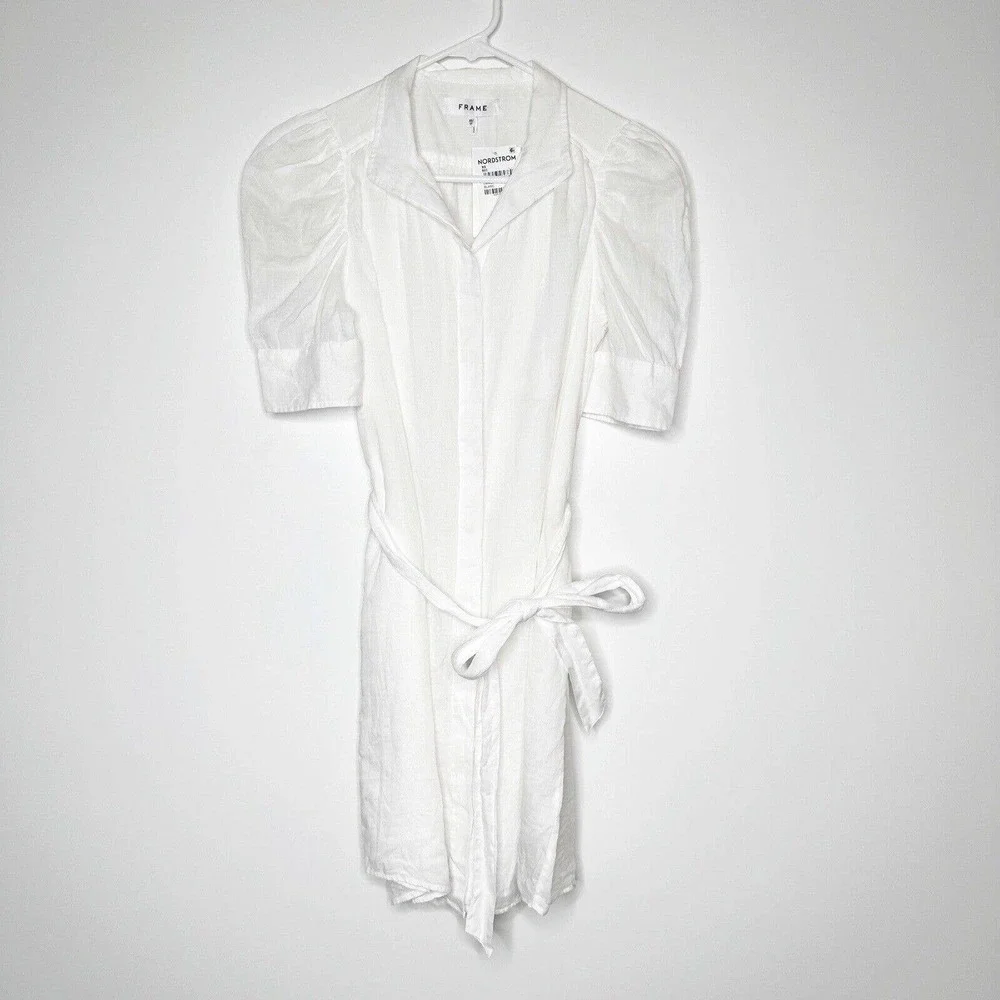 NWT FRAME Gillian Puff Sleeve Cotton Shirtdress Women's White Blanc Size XS $398 - Picture 3 of 6